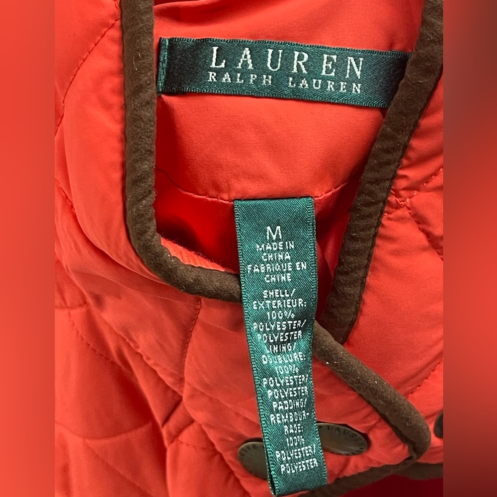 Lauren Ralph Lauren Quilted  Vibrant Orange Jacket with Brown Corduroy Accents - Picture 5 of 7